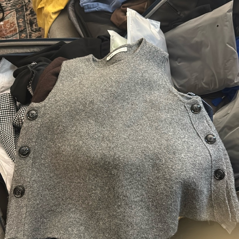 Zara Womens Vest Top Side Buttons Round Neck Wool Blend Gray